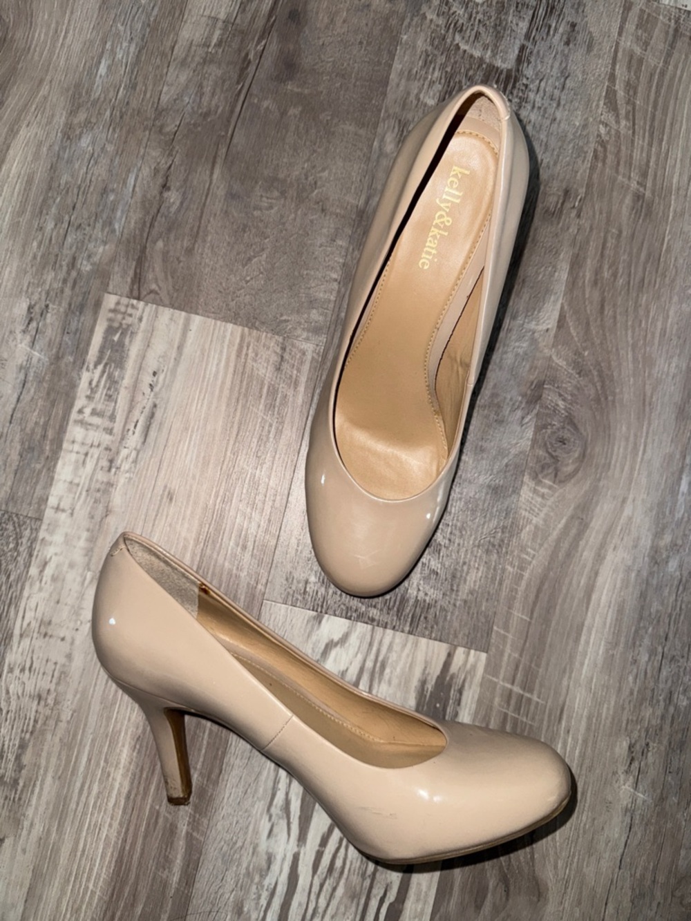 Kelly & Katie Beige Patent Round-Toe High Heels